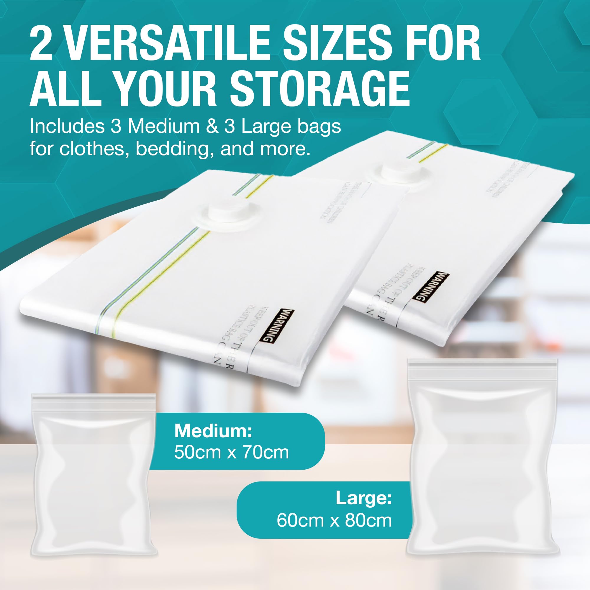 GILLKIR Vacuum Storage Bags - Assorted 6-Pack Including 3 Large & 3 Medium Compression Vacuum Bags for Clothes, Bedding - Durable