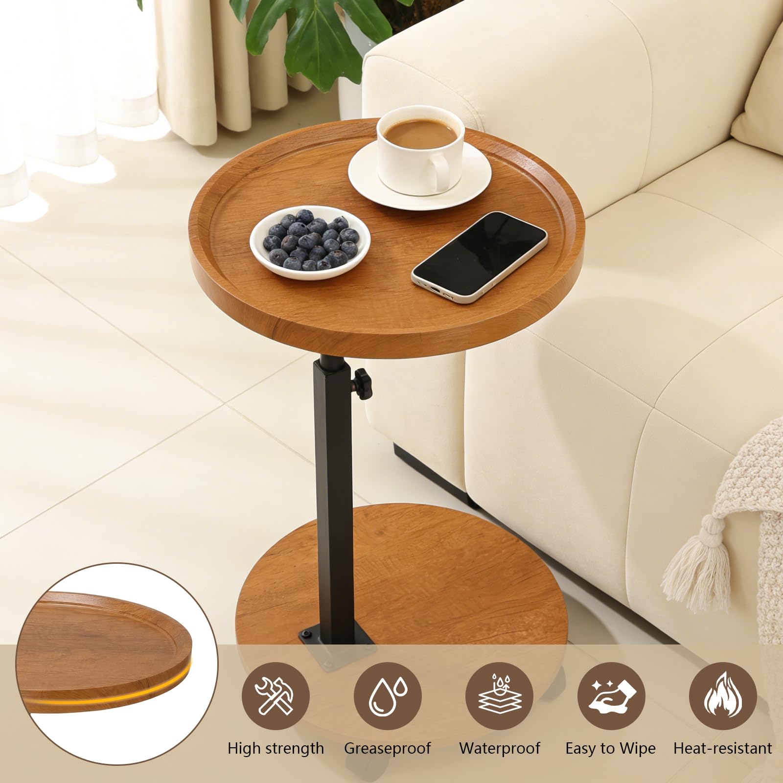 YYW C Shaped End Table Adjustable Height, Couch Tables That Slide Under for Small Spaces, 360°Swivel TV Tray Table