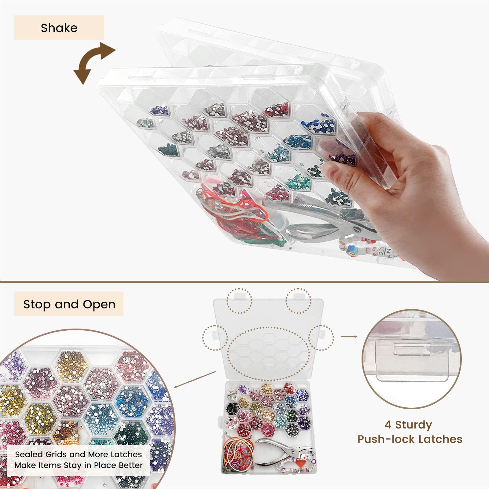 SNAIL GARDEN 4-Pack Secure Seal Bead Storage Boxes with 3 Sizes Grids, 26-Compartment Clear Plastic Organiser with Secure 4-Clasp Lid for Jewellery