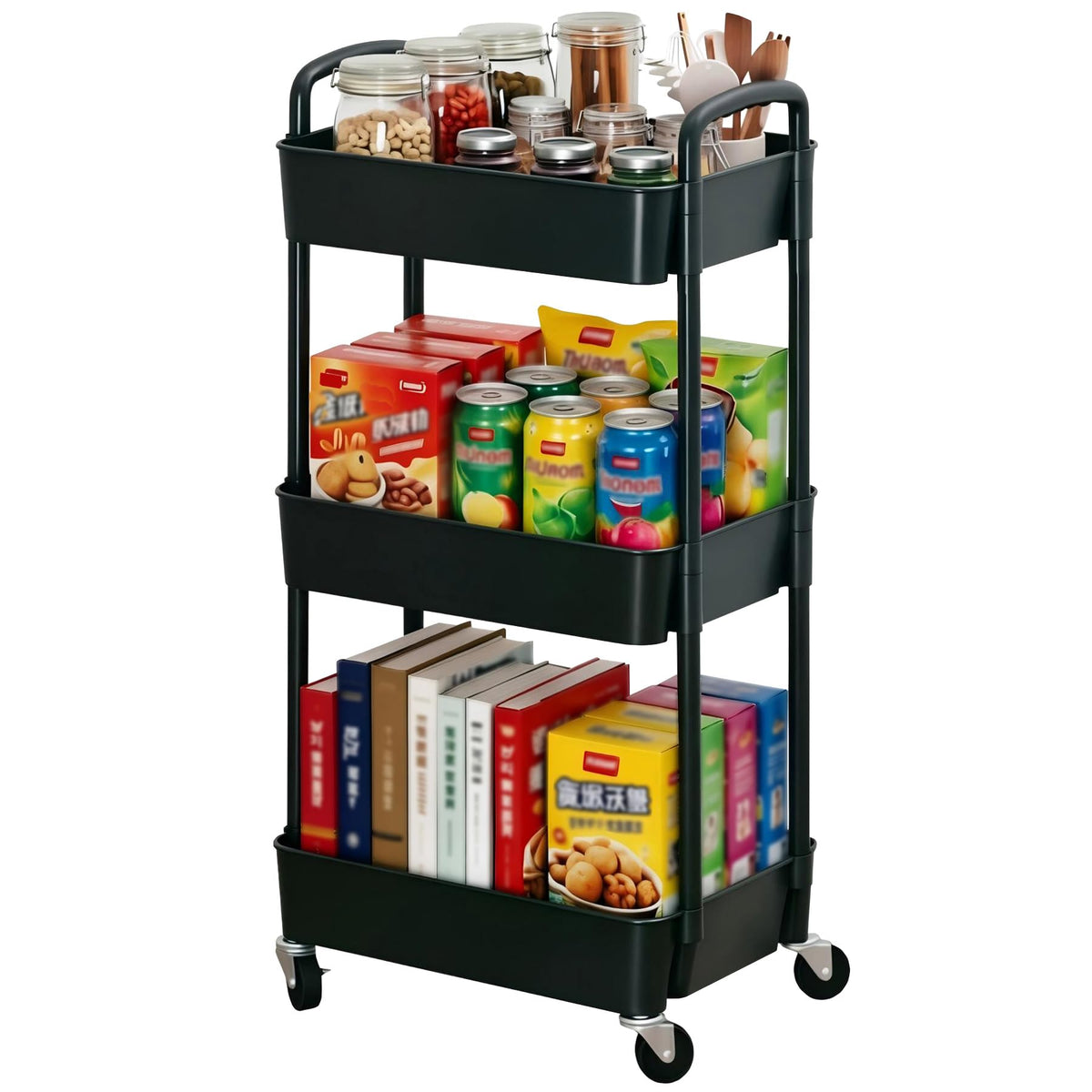 Sywhitta 3-tier Plastic Storage Trolley on Wheels, Kitchen Storage Utility Cart, Rolling Storage Rack for Bedroom, Bathroom, Office, Black