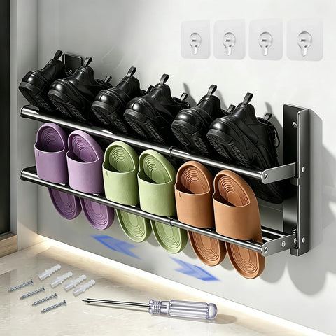 Wall-mounted Shoe Rack - 37-67cm Black Extendable 2 Tier shoe rack, Metal Wall Narrow Shoe Rack, Space-saving shoe storage