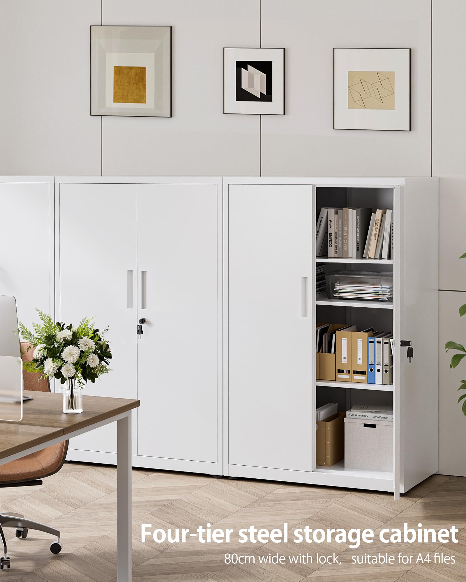 LAND·VOI 4-Tier Lockable Tall Storage Cabinet, Adjustable Shelves Double Door Cupboard 40×80×131.5cm White