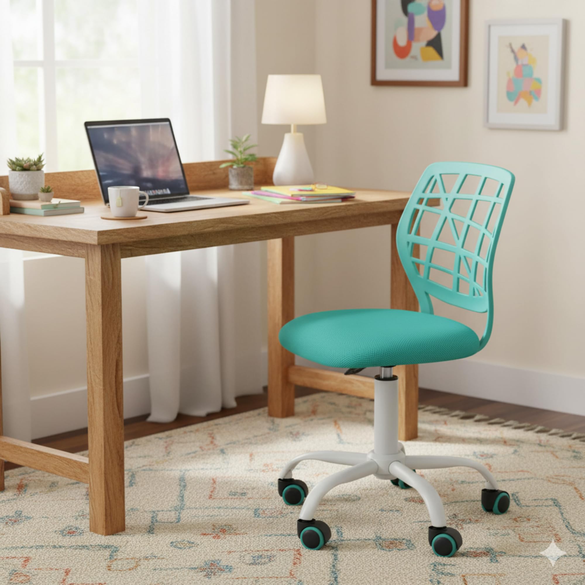 FurnitureR Office Chair Desk Chair Adjustable Height Swivel Fabric Seat Ergonomic Work Chair without Armrest, Turquoise