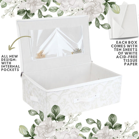 Hoesh - Breathable White with Silver Floral Design Wedding Dress Box - Underbed Storage Boxes, Wedding Dress Storage Box, Wardrobe Organiser