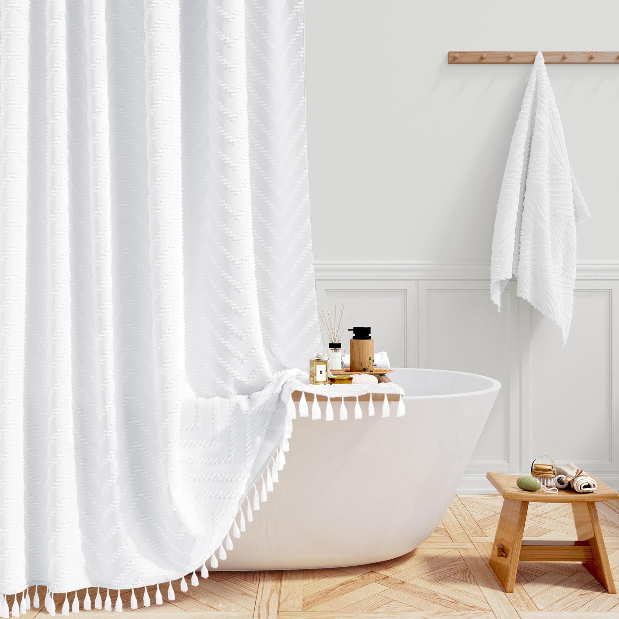 BTTN Narrow Boho Tufted Chevron Shower Curtain, Waterproof, 92x186cm, White