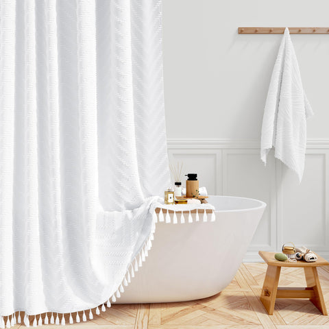 BTTN Narrow Boho Tufted Chevron Shower Curtain, Waterproof, 92x186cm, White