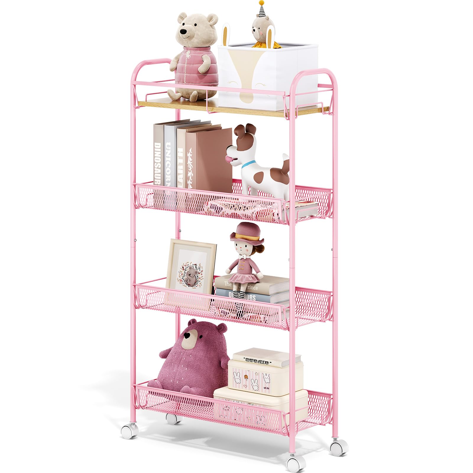 KINGRACK 4-Tier Slim Rolling Cart, Metal Storage Cart with Wooden Tabletop and Mesh Baskets for Narrow Space on Kitchen Bathroom Laundry Room Bedroom