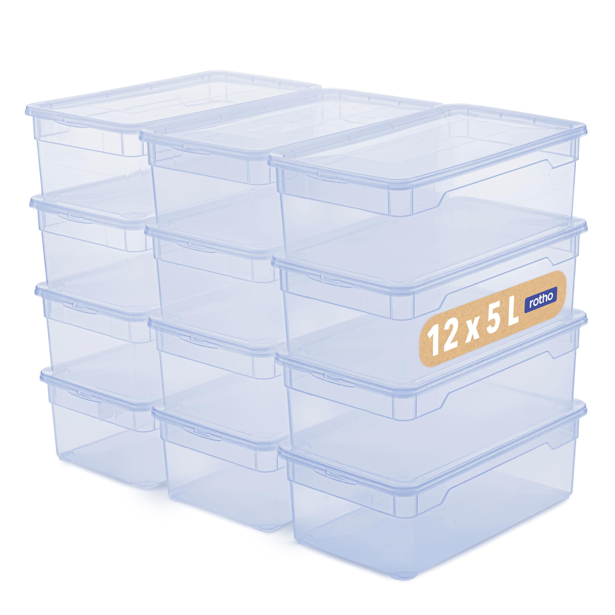 Rotho Clear Box 12x Storage Boxes 5 L with Lid, Stackable 33 x 19 x 11 cm