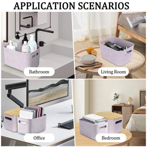 RWFMO 4 Pcs Plastic Purple Storage Baskets with Bamboo Lid for Bathroom