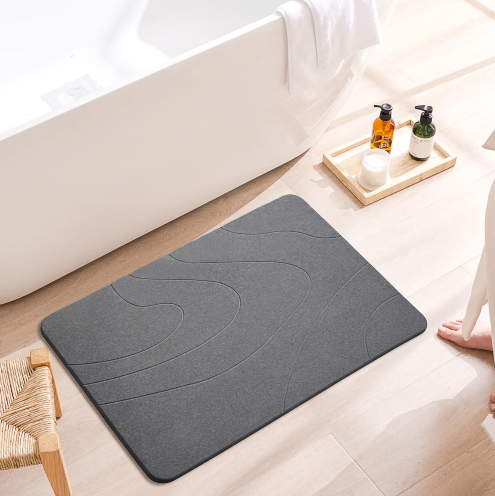 Dai Lufei Stone Bath Mat - Natural Diatomaceous Earth Super Absorbent Shower Mat, Quick Drying, Non-Slip Bath Mat, Bath and Bathroom Floor (Dark Grey)