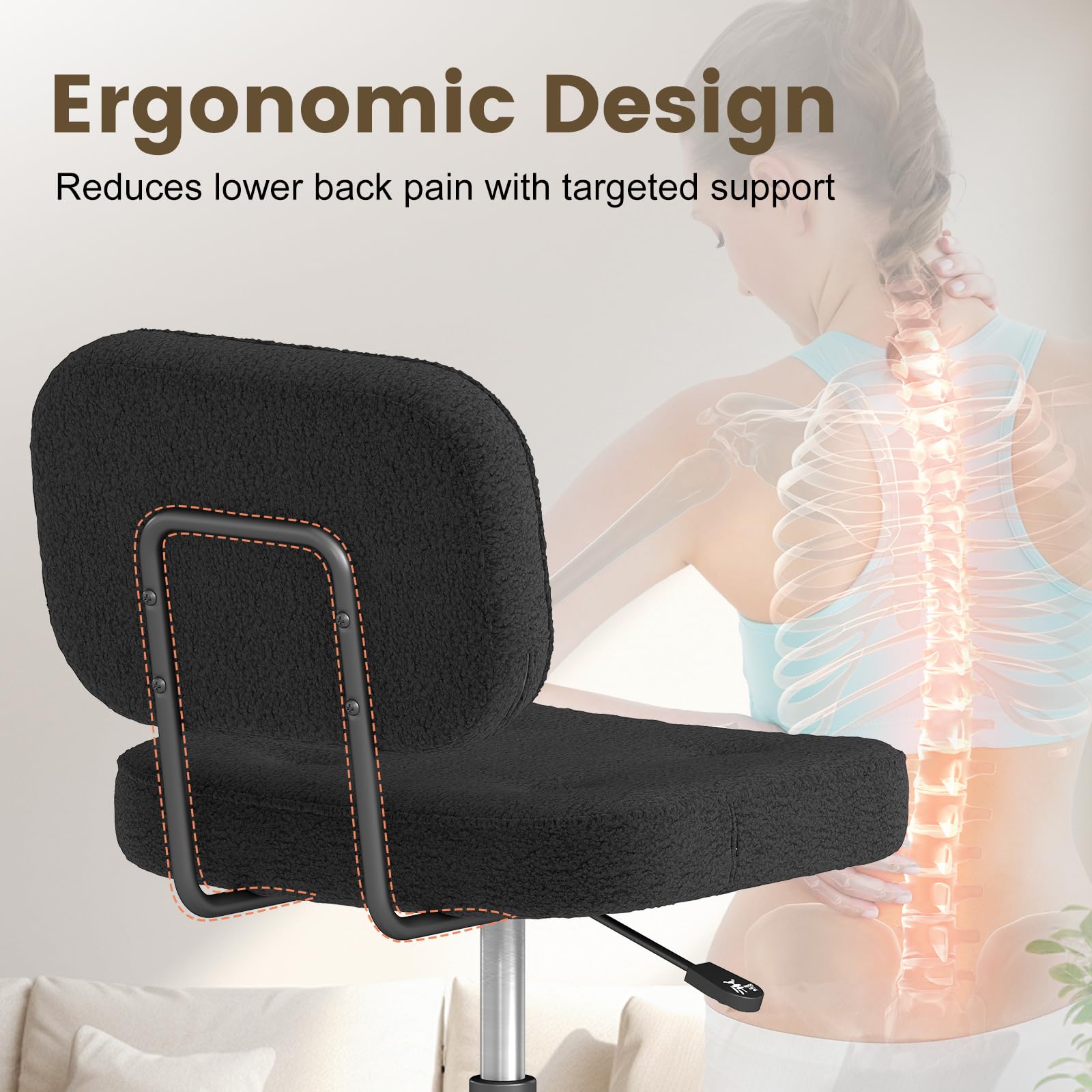 AnyGod Armless Desk Chair, Adjustable Swivel Task Seat, Black Teddy-Fleece