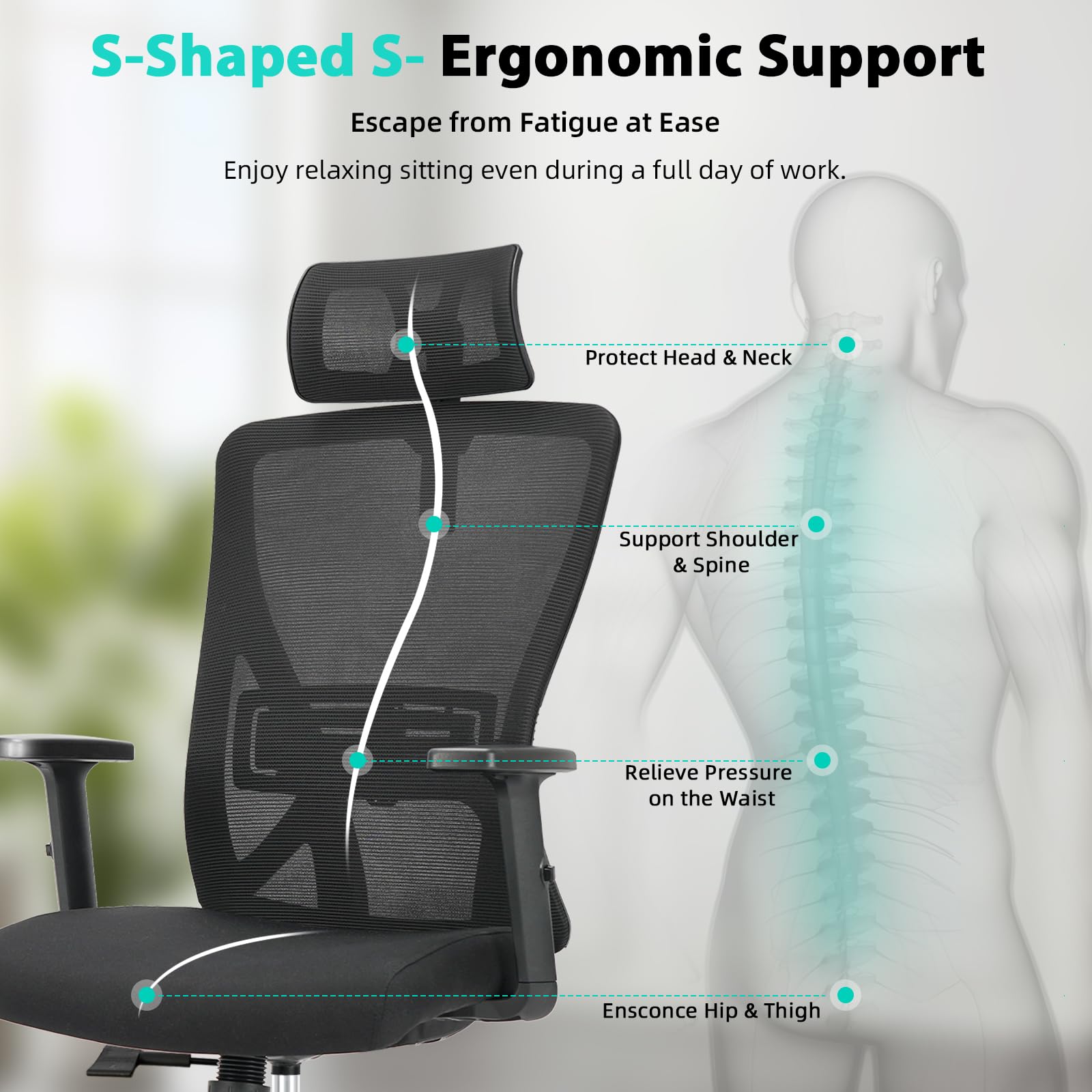Durrafy Ergonomic Office Chair, Desk Chair with Adjustable Lumbar Headrest and Armrest, Office Chairs Support up to 150 kg