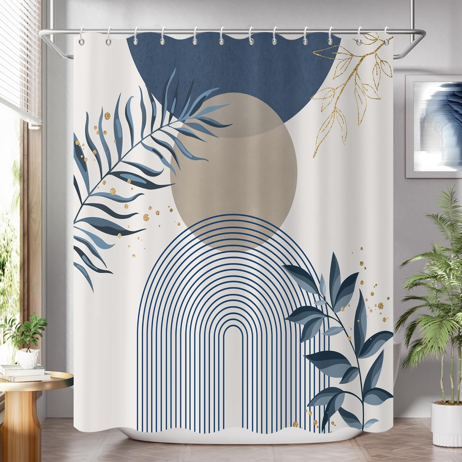 GCIREC Shower Curtain, 180x200cm, Blue Khaki Boho Mid Century Modern Abstract with Minimalist Leaf Waterproof Fabric Machine Washable Bathroom
