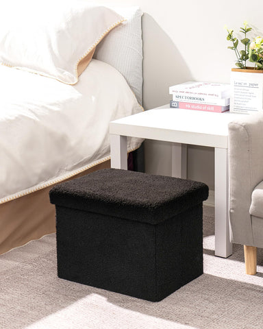 Bonlife Ottoman Seat with Storage,Folding Small Footstool for Living Room,Cube Toy Chest Box,Foot Rest,Sherpa Fabric,Black,42x32x32cm