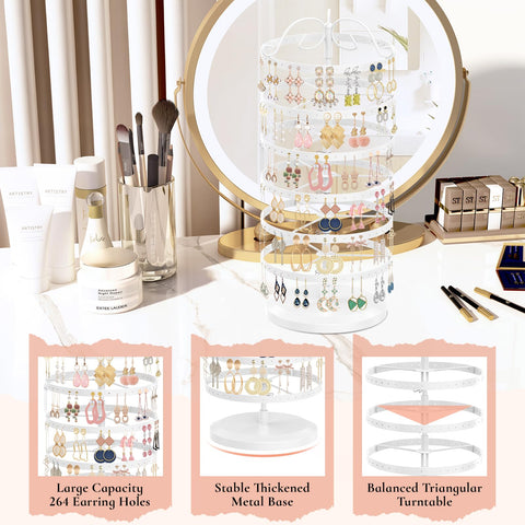 iDavosic.ly 6 Tier Metal Rotating Earring Holder Organizer Stand, White