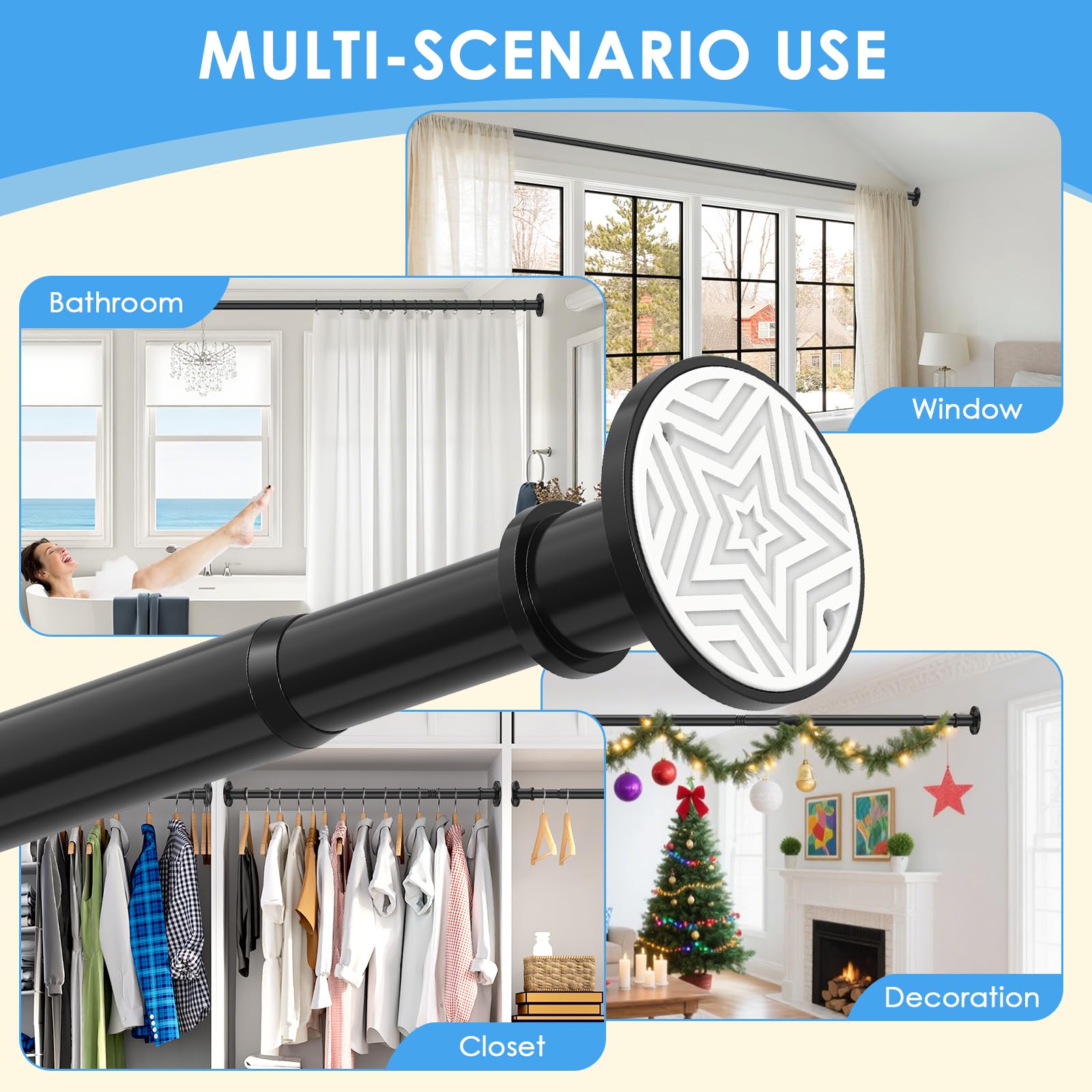 Black Shower Curtain Pole 78-283 cm, Extendable Tension Rod 28mm