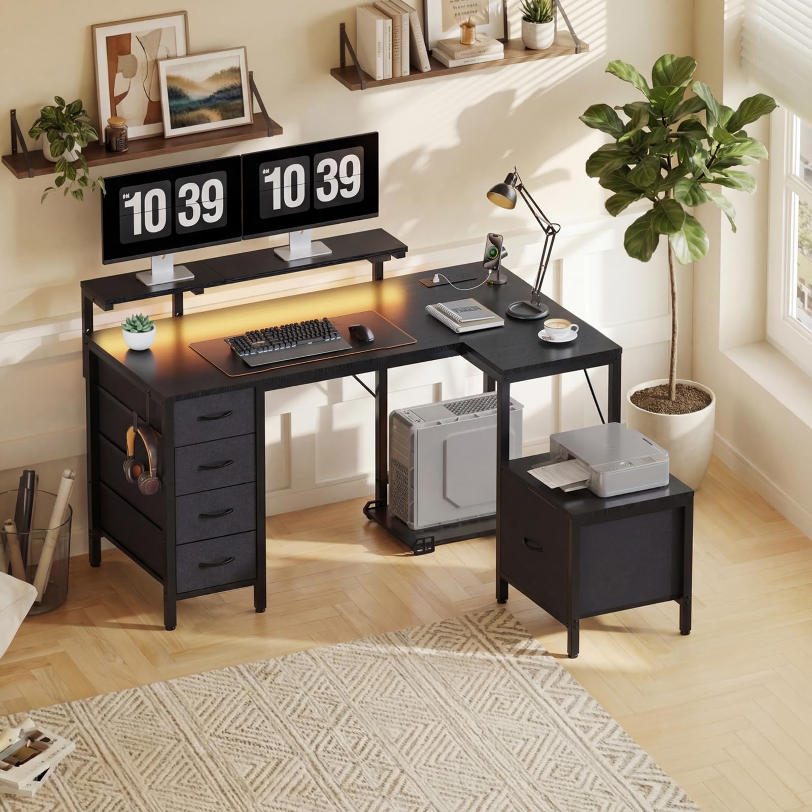 JUMMICO Corner Desk with Cabinet, Reversible L Shaped Computer Desk with Power Outlet and USB Ports, LED Lights and Hooks