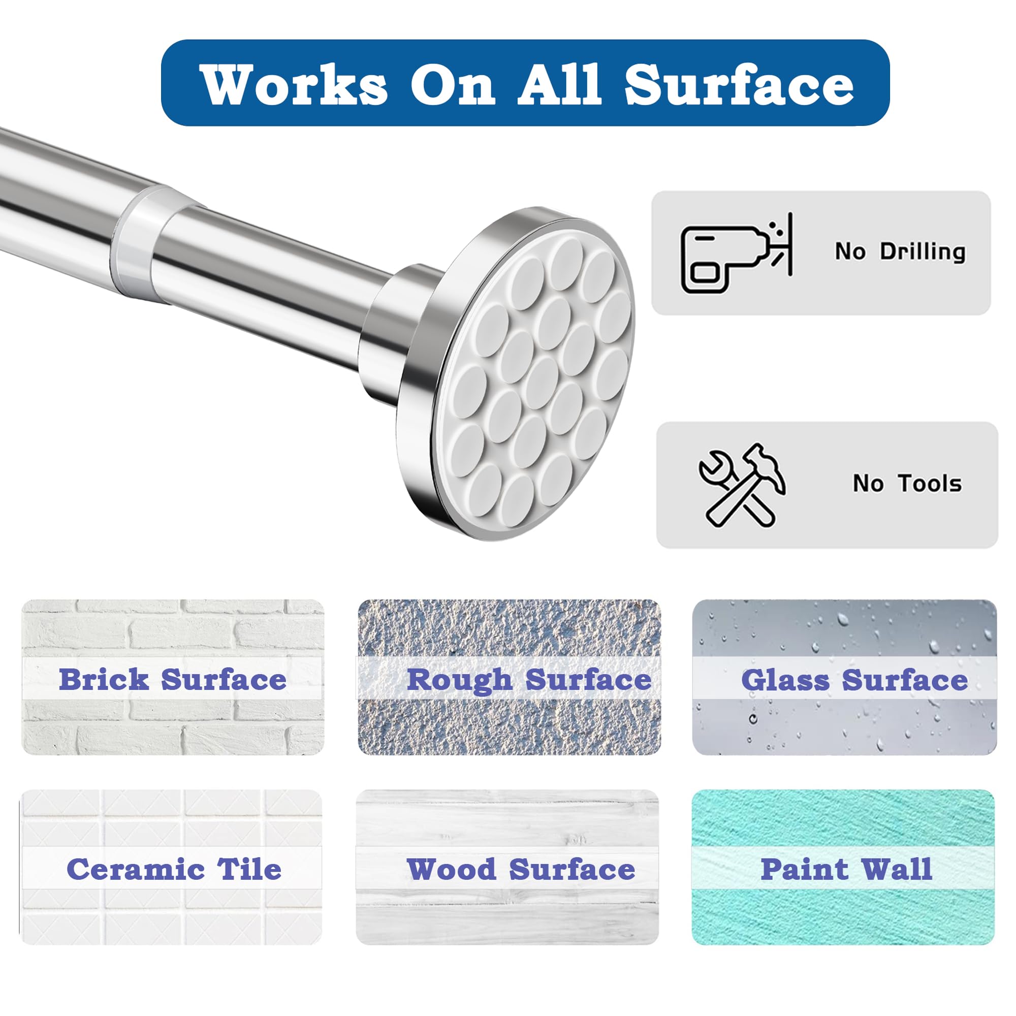 Curtain Pole No Drill Extendable Clothes Rail Shower Curtain Rail Telescopic Rod Curtain for Bathroom,Bedroom,Wardrobe White (48-70CM Φ25mm)