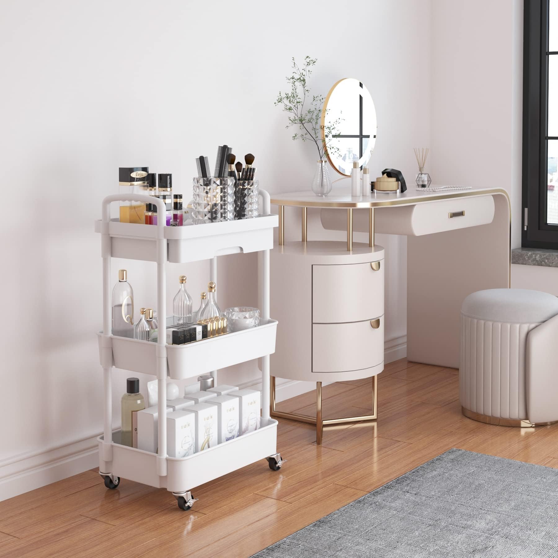 Wuciray Beauty Trolley on Wheels 3 Tier Storage Trolley with Drawer Plastic Beauty Trolleys Rolling Utility Cart Craft Trolleys on Wheels for Home