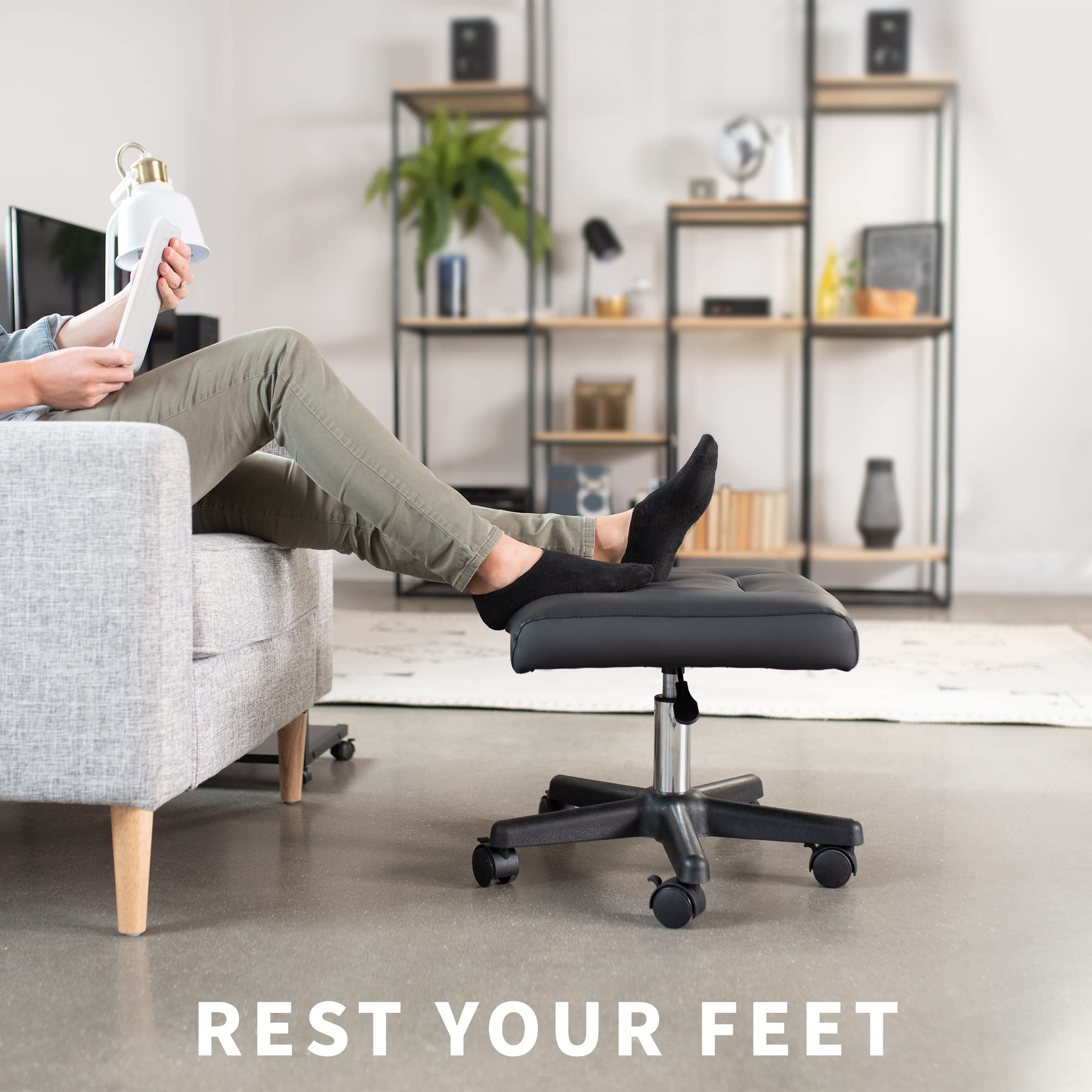VIVO Ergonomic Mobile Footrest with Wheels, Height Adjustable Desk Stool with Thick Padding
