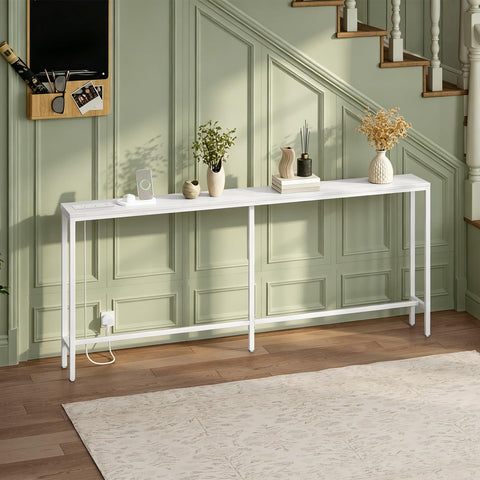 MAHANCRIS Console Table with Power Outlet, 200 cm Narrow Sofa Table, Industrial Entryway Table with USB Ports, Behind Couch for Entryway, Hallway