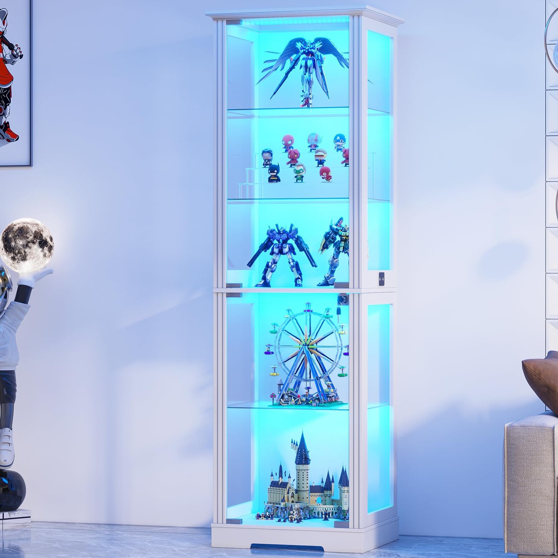 Gurexl 180cm Glass Display Cabinets with Lockable for Collectibles,White