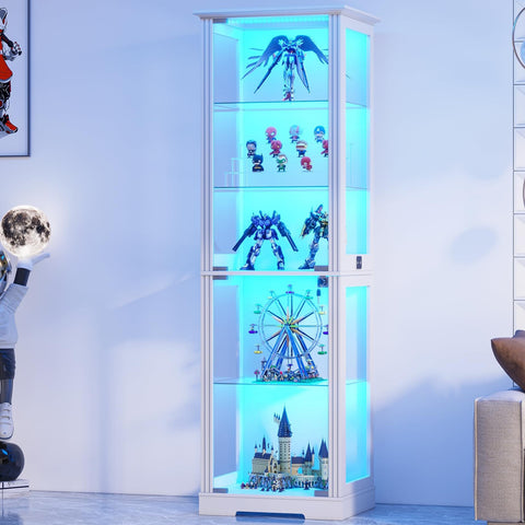 Gurexl 180cm Glass Display Cabinets with Lockable for Collectibles,White