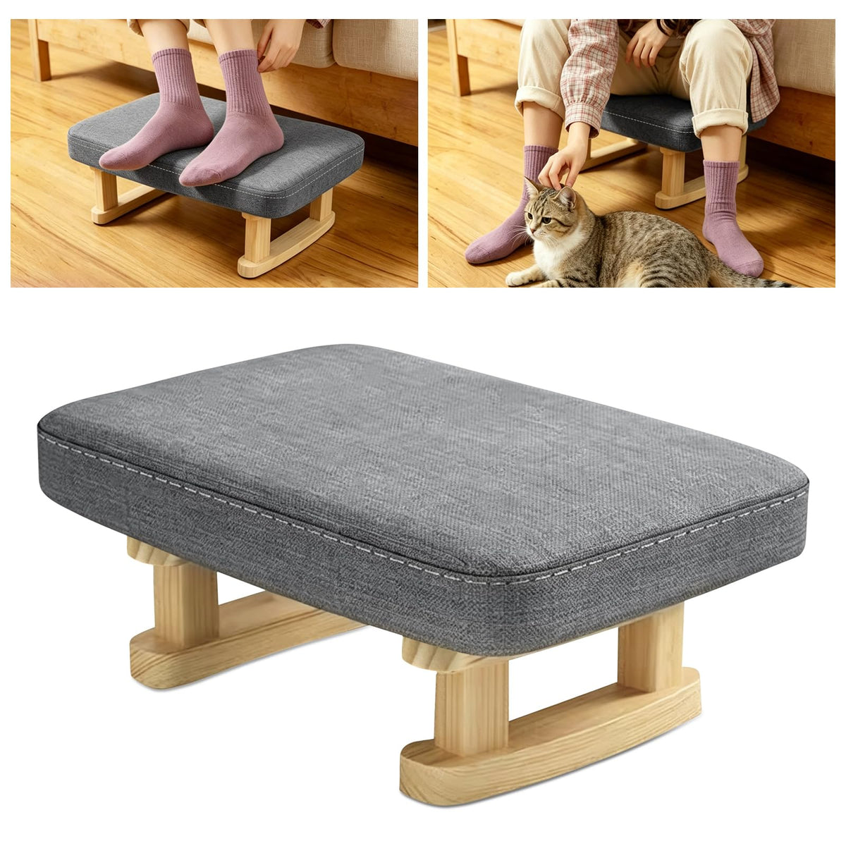 JJoexyfit Multi-Functional Foot Stool with Solid Wood Legs, Linen Fabric