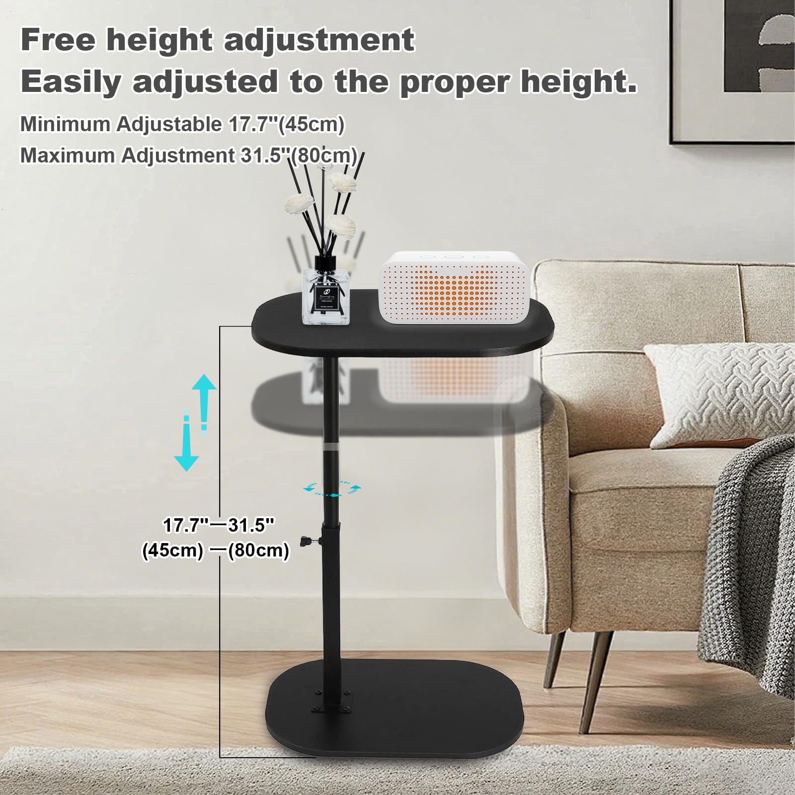 YYW C Shaped End Table, Adjustable Height with Wheels, Glossy Black (Glossy Black)