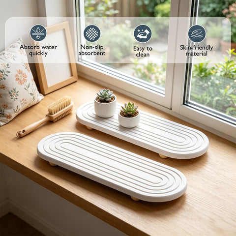 Quick Drying Stone Tray, Natural Diatomite Absorbent Mat with Wooden Feet, Fast Evaporation, Anti-Slip Grooves, Multifunctional for Bathroom Sink