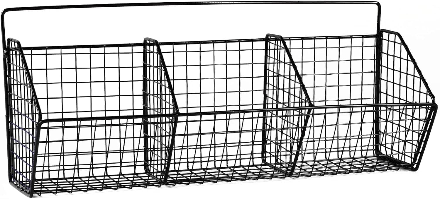 Gzsekken Wall-Mounted Hanging Kitchen Storage Baskets,Metal Storage Baskets with 3 Sections Wire Basket Kitchen No Drilling Adhesive Basket Organiser