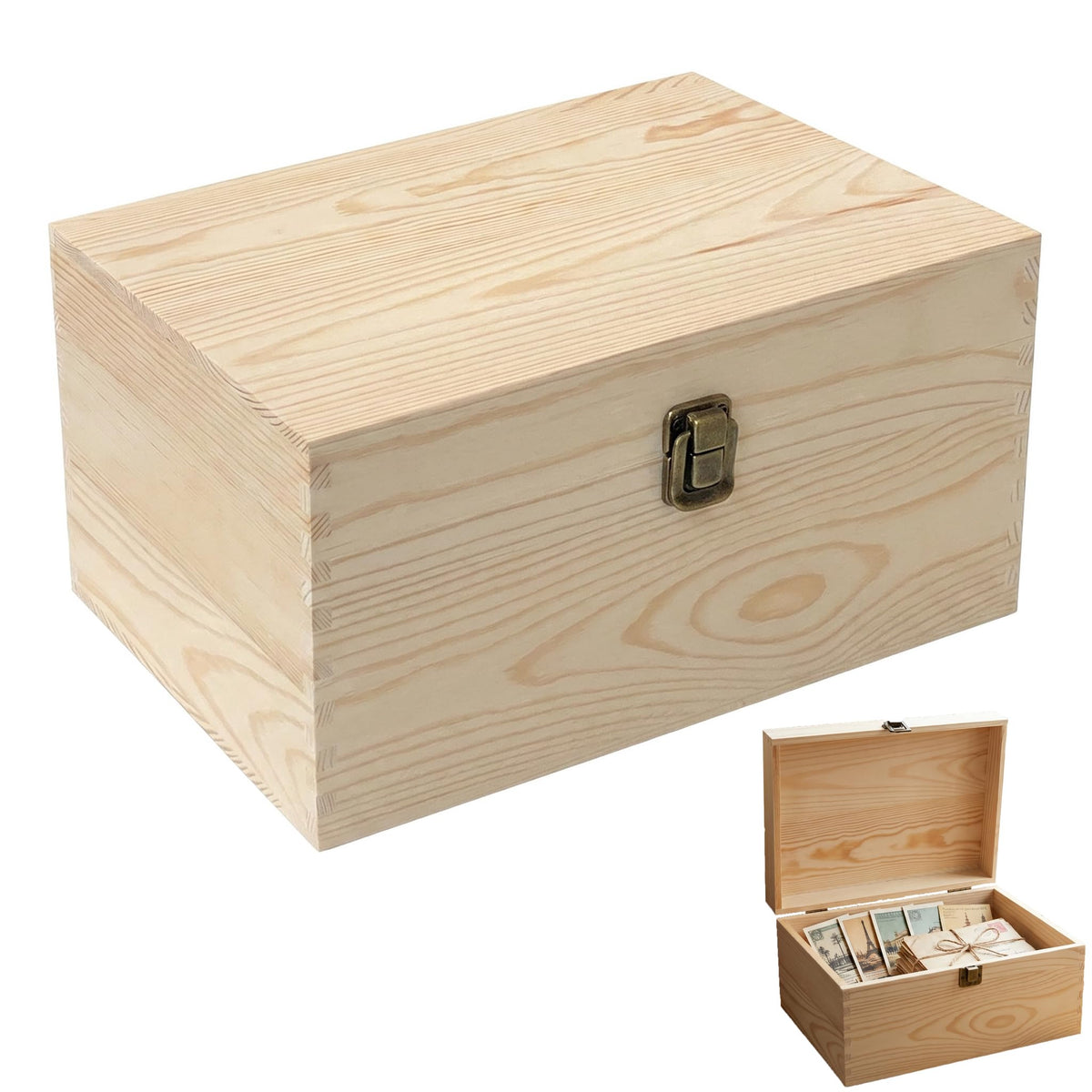 Lyyozwo Unfinished Wooden Box with Lid, Pine Wood Small Wood Crate Boxes, 30 x 20 x 15 cm Wooden Box with Hinged Lid & Locking Clasp for Home Table