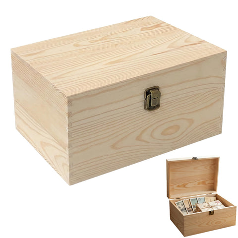Lyyozwo Unfinished Wooden Box with Lid, Pine Wood Small Wood Crate Boxes, 30 x 20 x 15 cm Wooden Box with Hinged Lid & Locking Clasp for Home Table