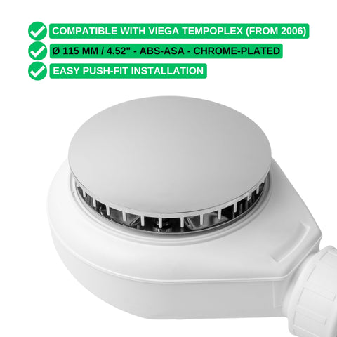 Cover for shower drain, Ø 115 mm, compatible with Viega Tempoplex drain set from model year 2006, suitable for model 6964.0, for drain hole Ø 90 mm