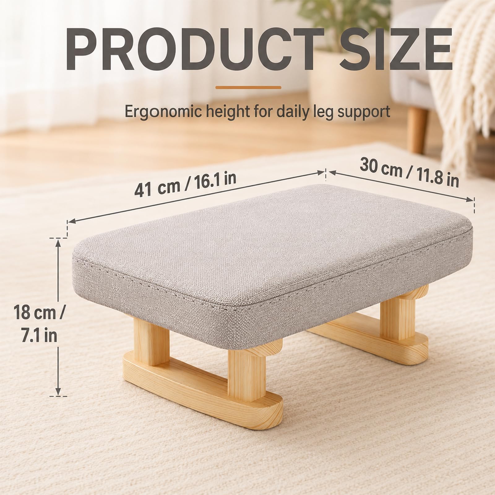 KASURE Ottoman Footstool with Wooden Legs, 41x30x18cm Pouffe Footrest with Removable Washable Cover, Solid Wood Legs Anti-Slip