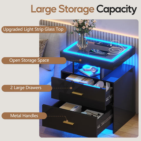 Gurexl LED Bedside Table with Glass Top and Wireless charging,Black