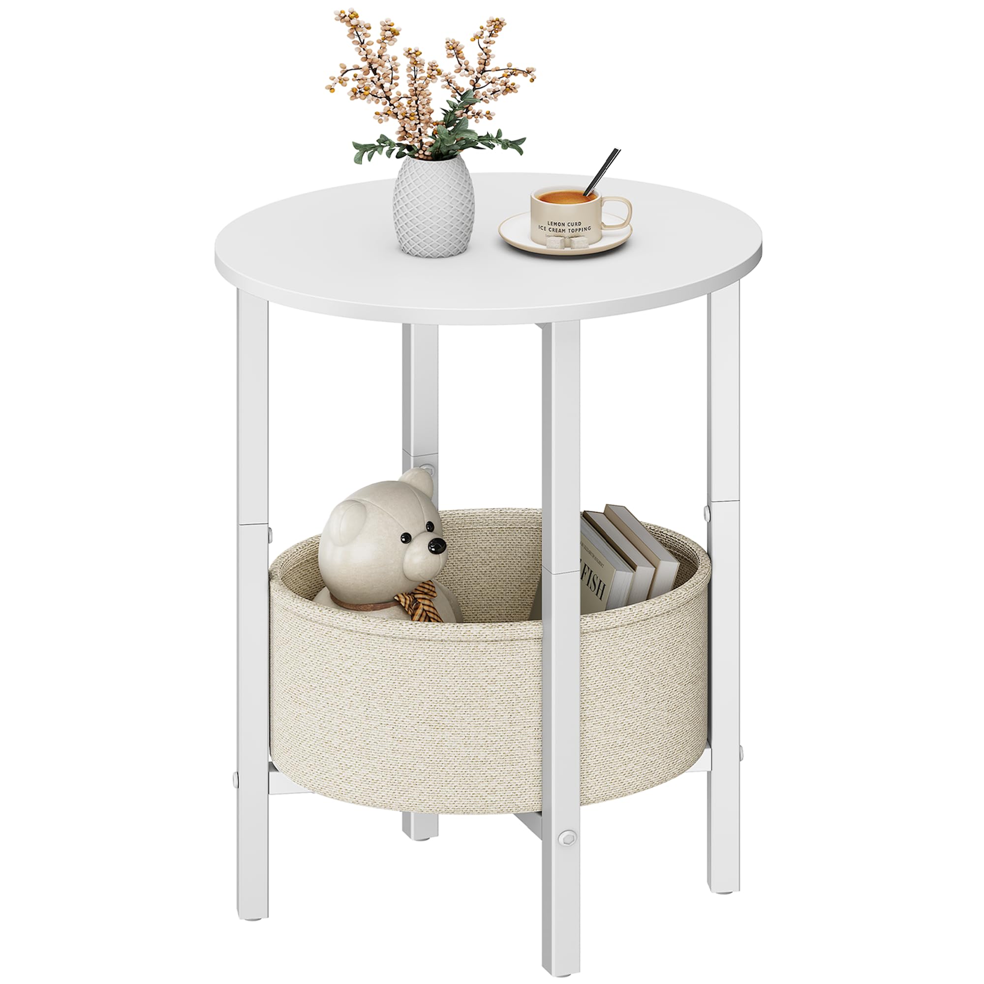 Vagusicc Round Side Table, Round Coffee Table with Fabric Basket, Side Tables Living Room, Decorative Small End Tables for Smal Space