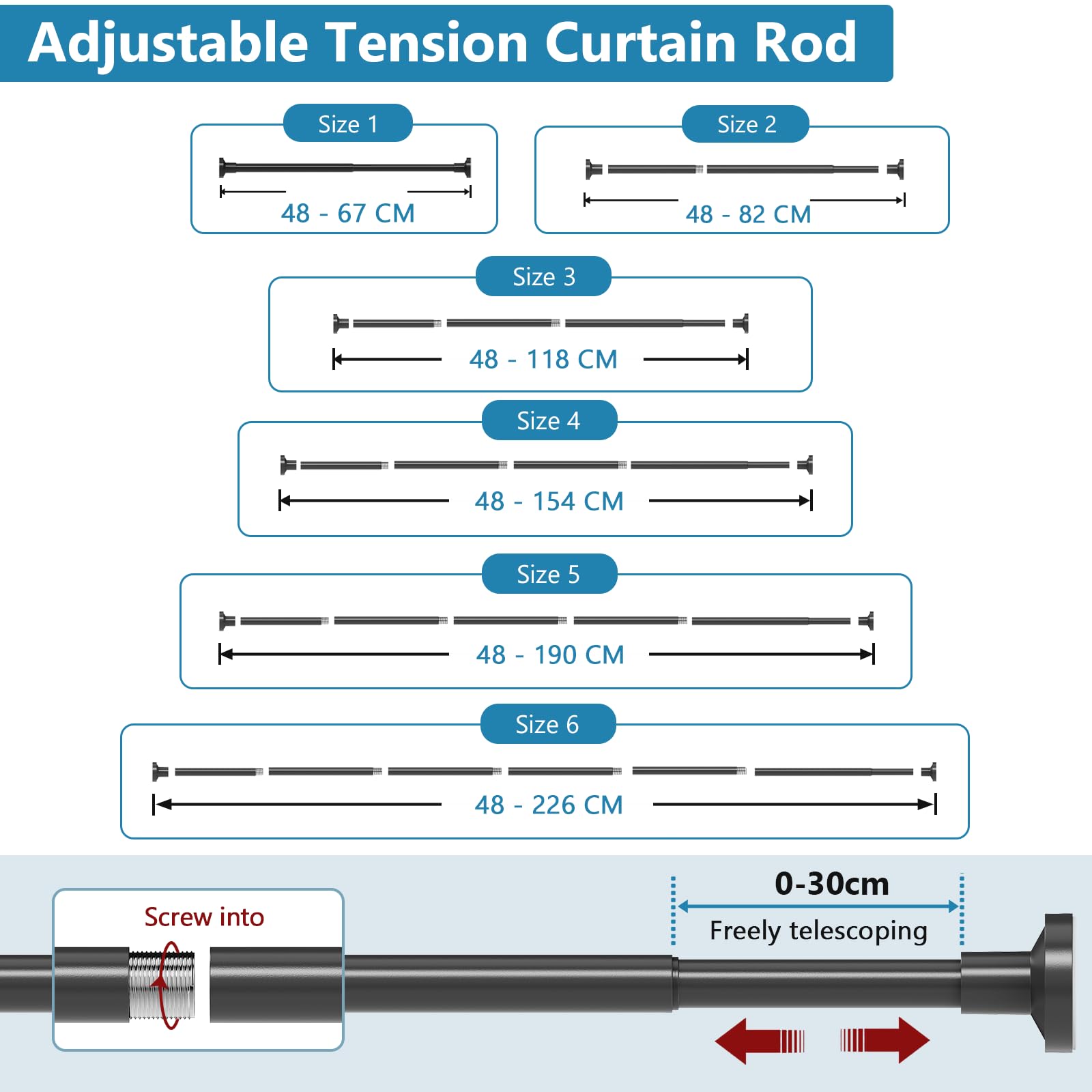 WELDUN Extendable Shower Curtain Rod, Curtain Tension Pole 48-226CM, No Drill Telescopic Curtain Pole