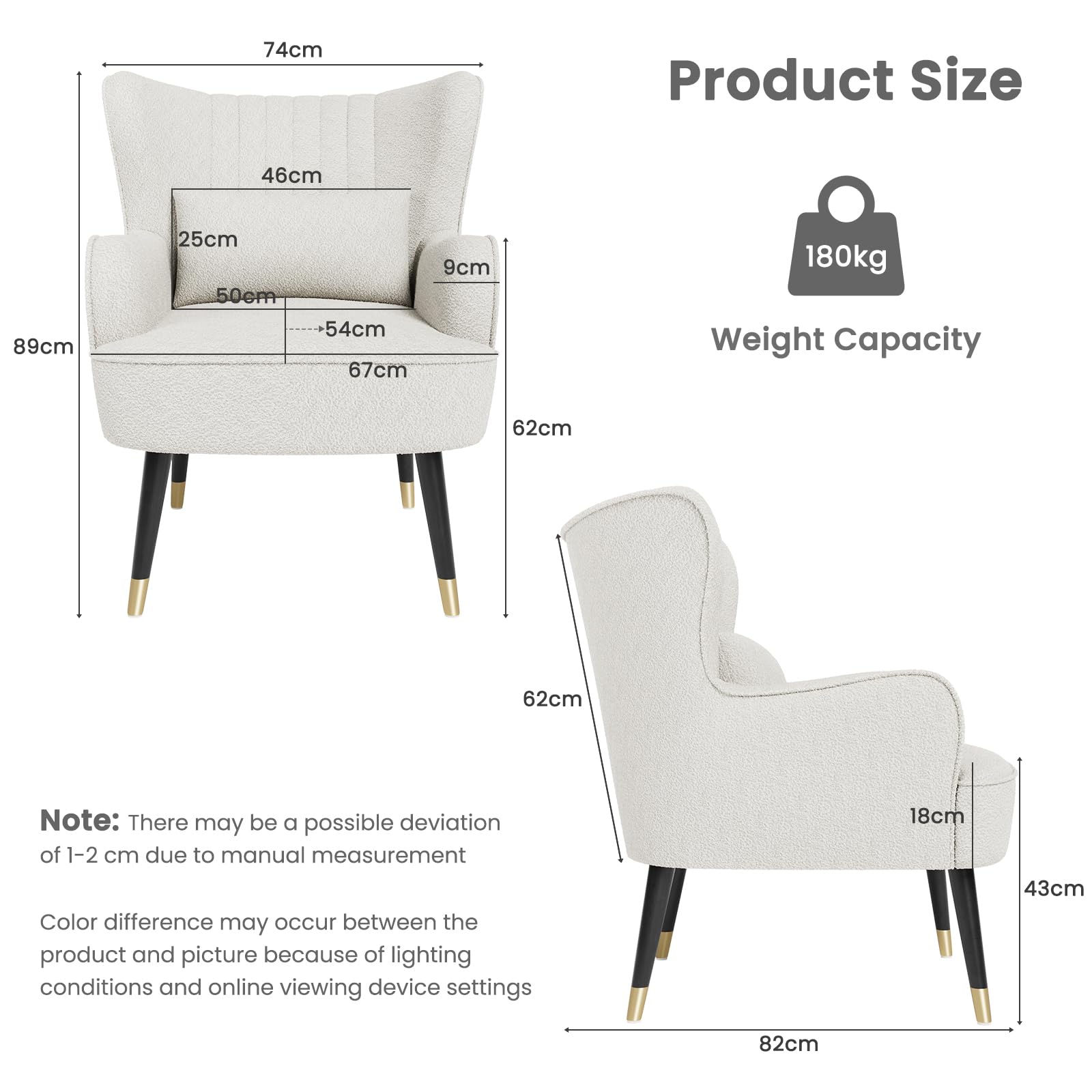 Vesgantti Teddy Accent Chair with Lumbar Pillow, Wing Back Large Armchair