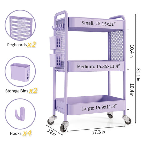 Urackify 3 Tier Storage Trolley on Wheels, purple
