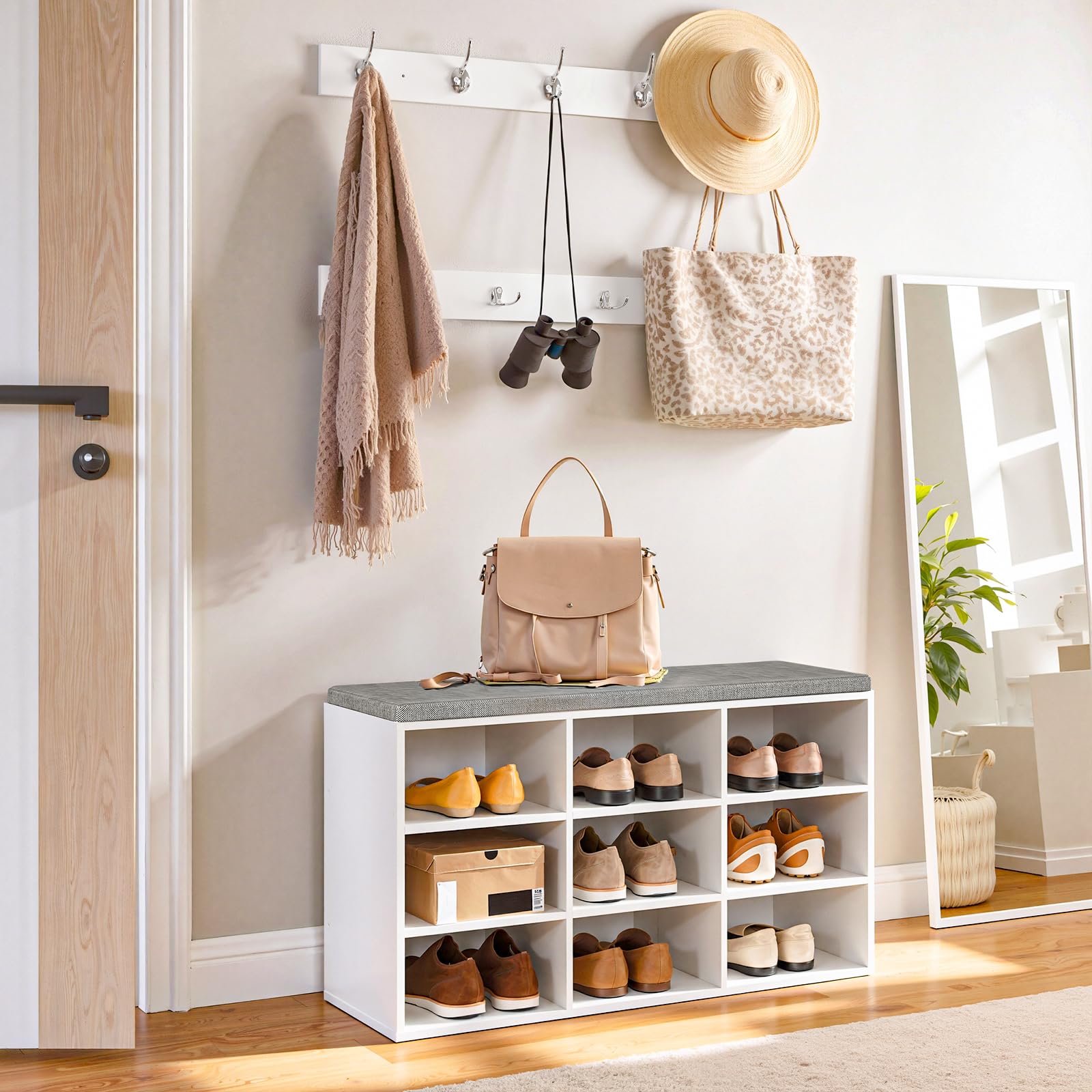 HOOBRO Shoe Storage Bench with Cushion and Coat Hooks, Shoe Rack Bench with Padded Seat, 80 cm Coat Rack for Hallway, 9 Compartments