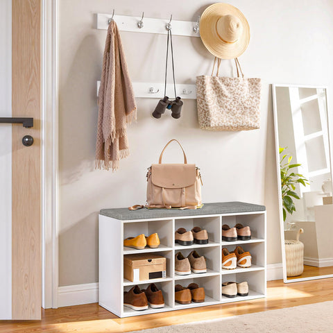 HOOBRO Shoe Storage Bench with Cushion and Coat Hooks, Shoe Rack Bench with Padded Seat, 80 cm Coat Rack for Hallway, 9 Compartments