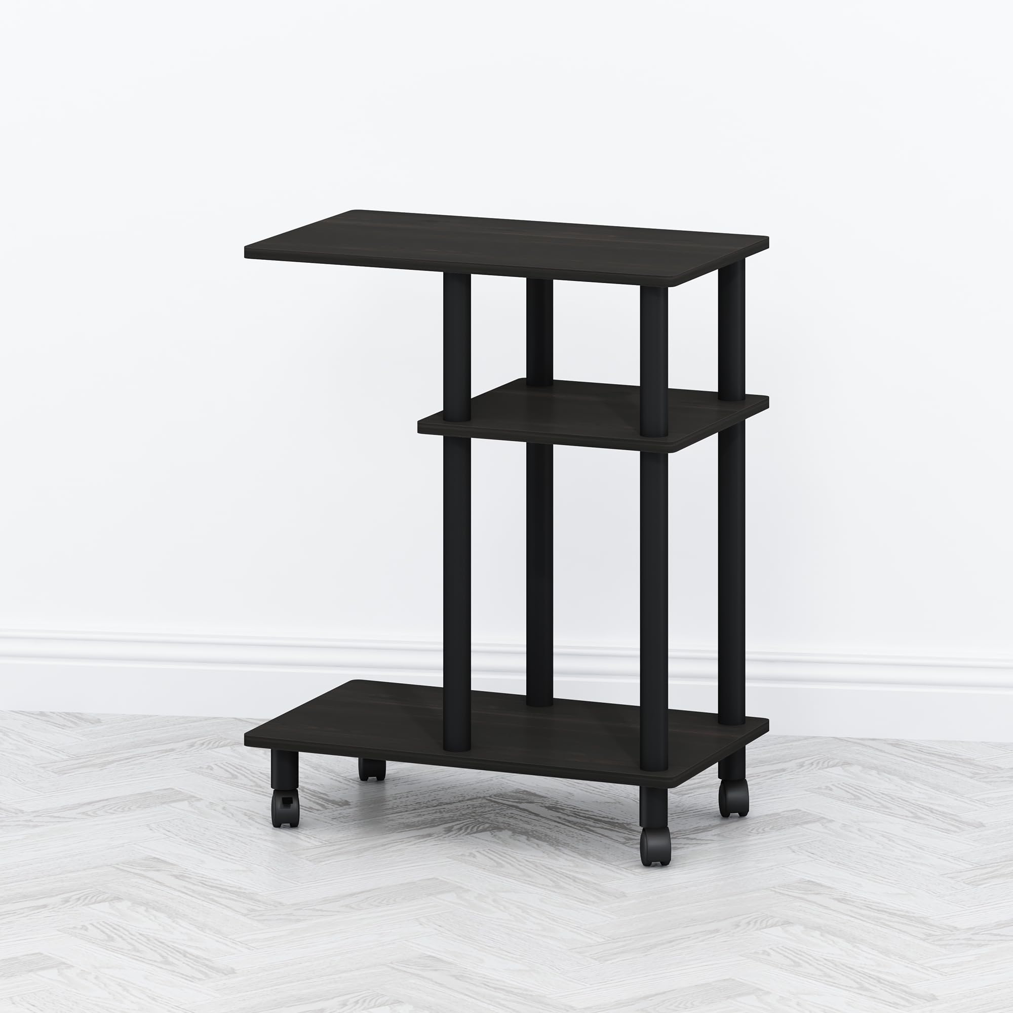 Furinno TOMI Side Table, 3-Tier C-Shape Open Shelf End Table with Wheels, Night Stand, Bedside Table, Toolless Assembly, for Living Room, Bedroom