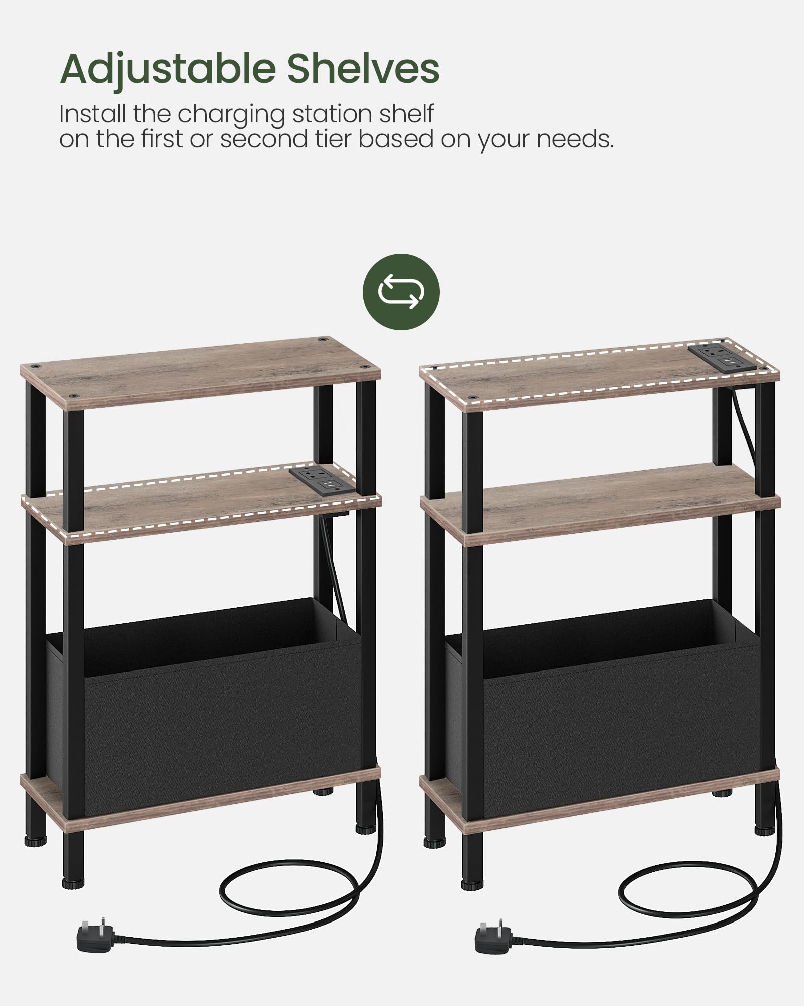 CHOEZON Slim Side Table with Charging Station, 3-Tier Narrow Side Table with Drawer, Skinny Bedside Table, End Table for Small Spaces, for Bedroom