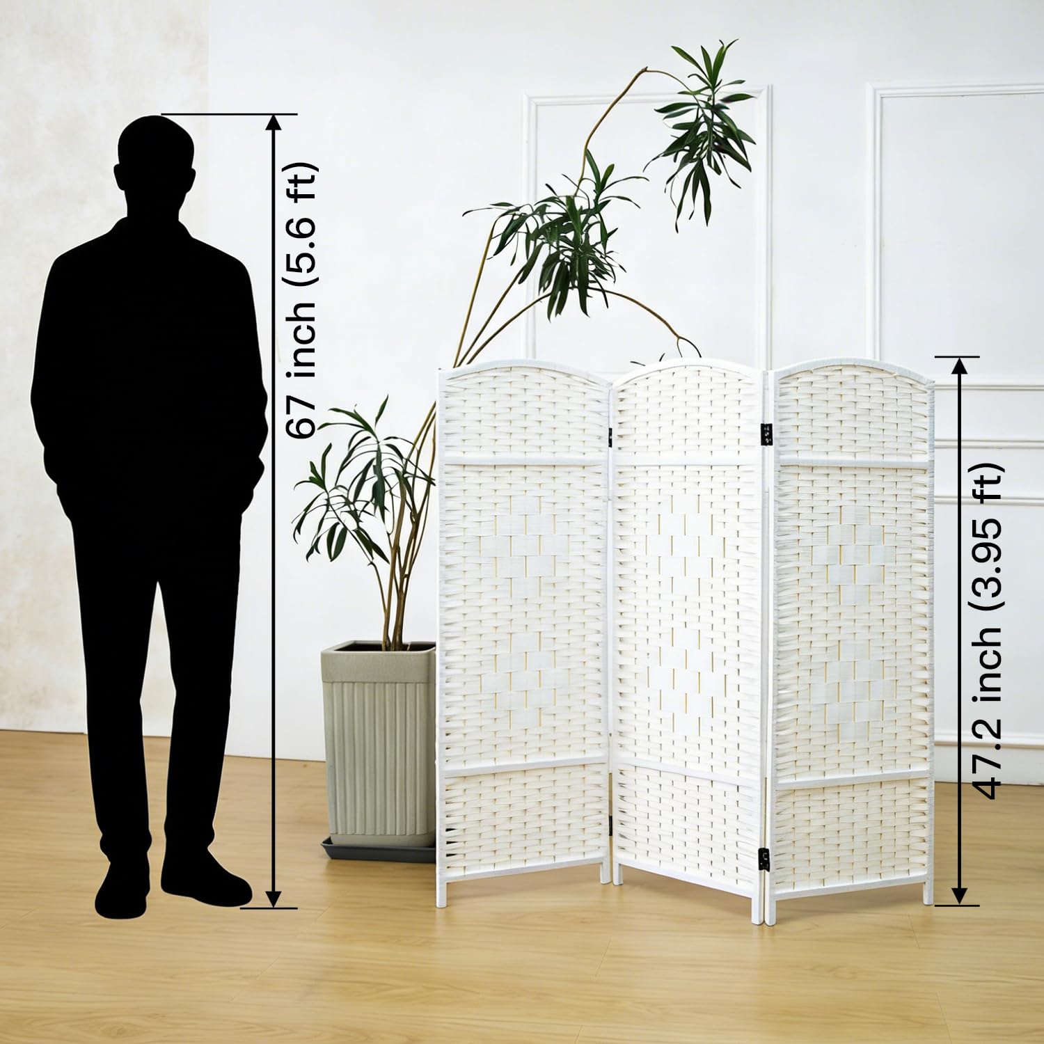 Furnnylane 3 Panel White Rattan Divider Short Room Partition Screen,Double Sided Short Folding Divider for Room Separation,120 cm Tall