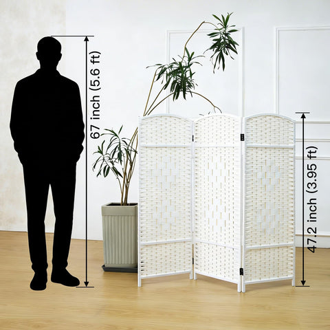 Furnnylane 3 Panel White Rattan Divider Short Room Partition Screen,Double Sided Short Folding Divider for Room Separation,120 cm Tall