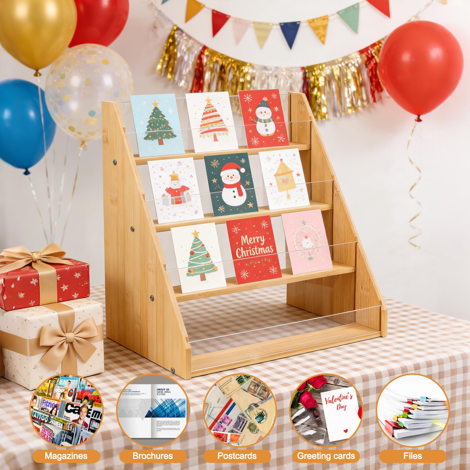 Worephu Premium 4-Tier Bamboo Acrylic Card Rack, Space-Saving Display Stand for Postcards, Greeting Cards, Brochures & Picture