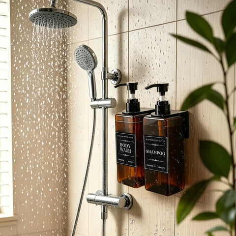 Prebarfun 5Pcs Shower Gel Dispenser 500ML Wall Mounted Soap Dispenser Brown