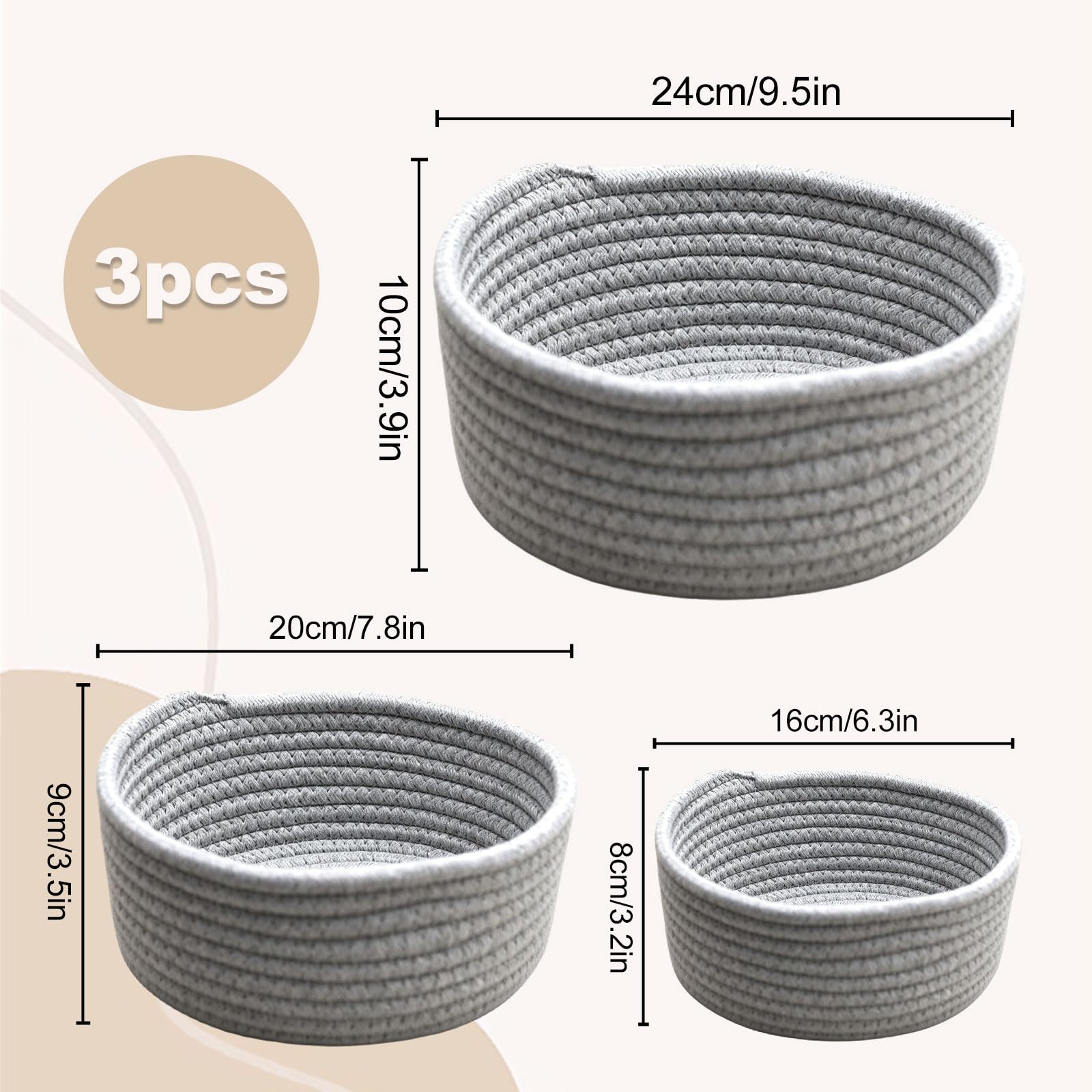 3 Pcs Small Woven Baskets, Cotton Rope Round Organizer for Shelves