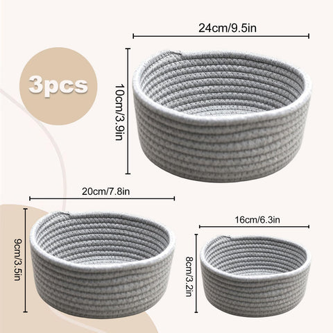 3 Pcs Small Woven Baskets, Cotton Rope Round Organizer for Shelves